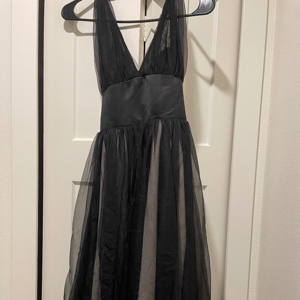 Unique Vintage Black Chiffon Halter Swing Dress XS